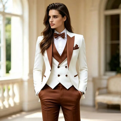 Brown And White Formal Business Women Suit Wedding Party Prom Ladies Mother Girl Tuxedos Costume 3 Piece Set Blazer Vest Pant