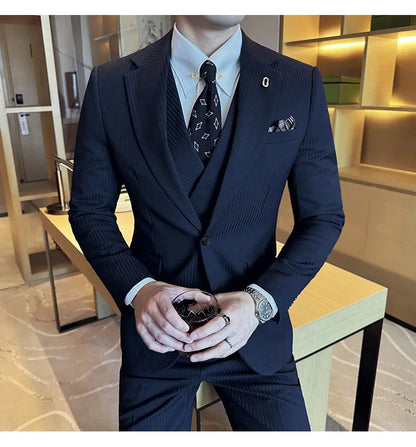 (Jackets+Pants+Vest) Luxury Stripe Men Suit Korean Version Fashion Elegant Slim Fit Tuxedo Formal Groom Wedding Social Suits