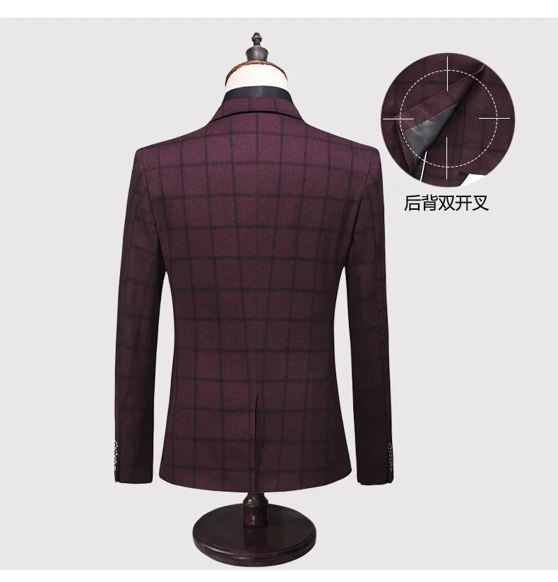 Men's Suit Set – Blazer, Vest & Trousers – British Grid Smart Casual for Business & Weddings