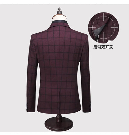 Men's Suit Set – Blazer, Vest & Trousers – British Grid Smart Casual for Business & Weddings