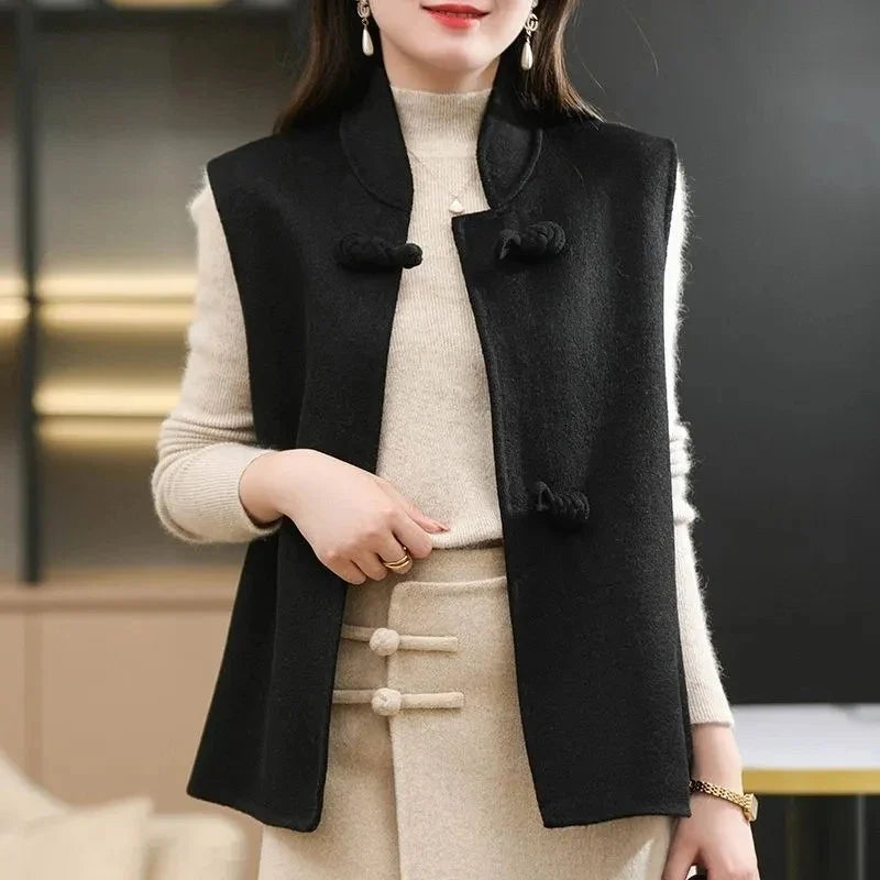 Woolen Vest Women's Standing Neck Button Chinese Style Loose Versatile Thin Wool Vest Outerwear Coat Sleeveless Jacket For Women