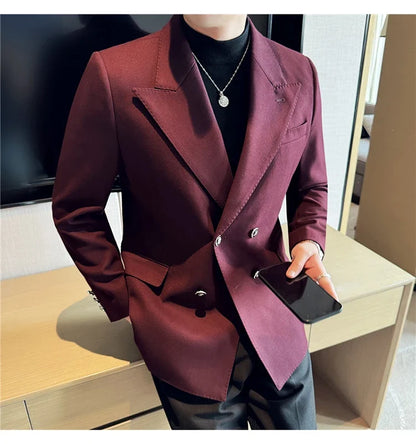 Autumn Winter Thickened Woolen Suit Jacket Men Double-breasted Casual Business Blazers Slim Fit Wedding Social Dress Coat M-4XL