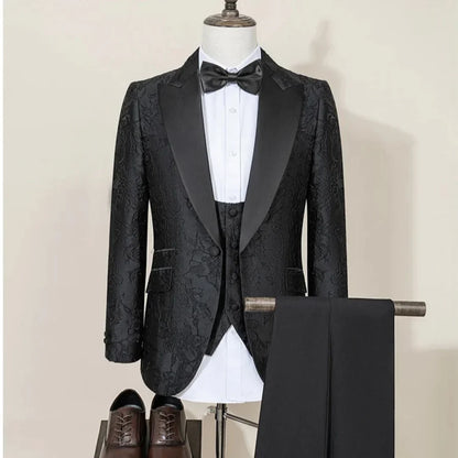 Men Suit 3 Pieces White With Black Lapel Pattern Single Button For Wedding Business Banquet Party Office Jacket Vest Pnats