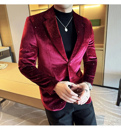 2025 Autumn New Velvet Jacket Men's Blazer Business Fashion Hot Stamping Printed Suit Jacket High-quality Luxury Dress Suit