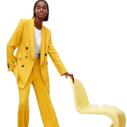 Pant Suits Outfit Womens Matching Sets Pants Elegant Shawl Lapel Double Breasted Blazer Suit Set Yellow 2 Pieces For Women
