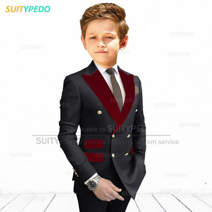 Burgundy Peaked Lapel Boy's Suit Set Children Prom Formal Blazer Pants Two Pieces Wedding Flower Kid Slim Fit Tuxedo Outfits