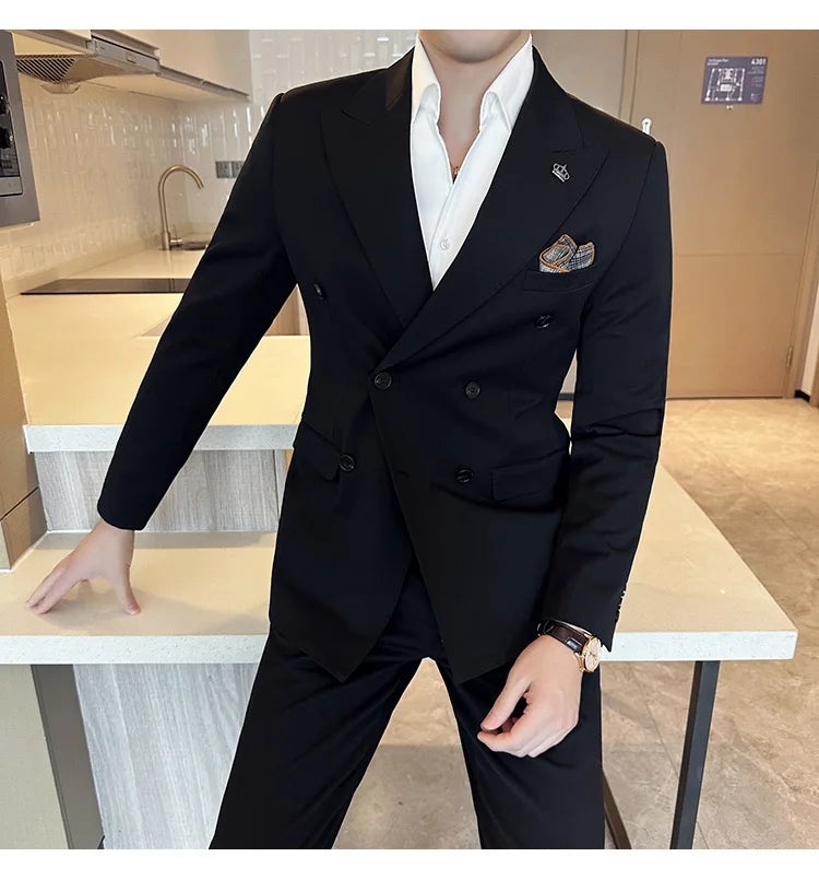 (Blazer + Trousers) Fashion Double Breasted Design Slim Men's Suit Italian Style Luxury Wedding Social Party Tuxedo 2 Piece Set