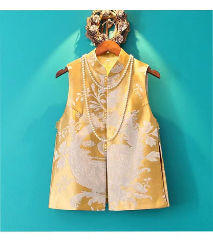 New Phoenix Print Cardigan Women Loose Sleeveless Vest Jackets Chinese Style Tang Suit Cheongsam Spring Summer Vest Vintage Coat