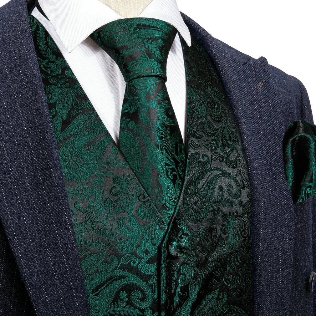 Men's Vest Paisley V-Neck Matching Set with Tie Pocket Square Cufflinks Ring Black Emerald Banquet