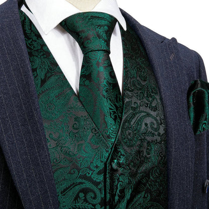 Men's Vest Paisley V-Neck Matching Set with Tie Pocket Square Cufflinks Ring Black Emerald Banquet