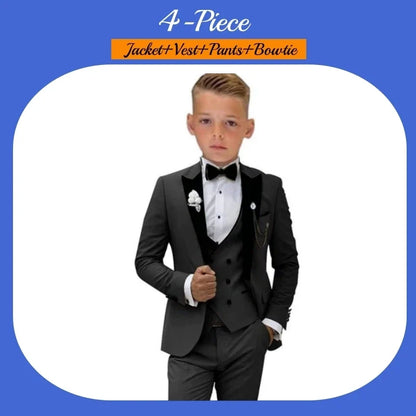 Boys 3-Piece Velvet Tuxedo Suit Set – Formal Slim-Fit with Notched Lapel for Boys