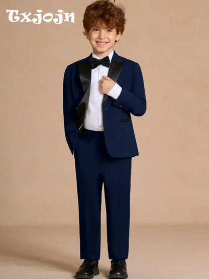Blue Smart Kids Regular Fit Suits 2 Pieces Jacket Pants For Graduation Ceremony Handsome Peak Lapel Suit Set For Boys 2-20T