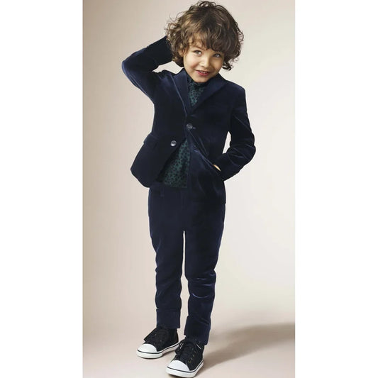 Navy Blue Velvet Boy Suits 2 Piece Chic Formal Party Wedding Kids Tuxedos Slim Fashion Daily Casual Children's Clothing