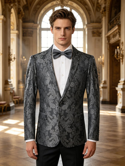 Slim Fit Dark Grey Paisley Jacquard Mens Blazer, Notch Lapel Single Button Formal Suit Jacket Evening Party Host Costume