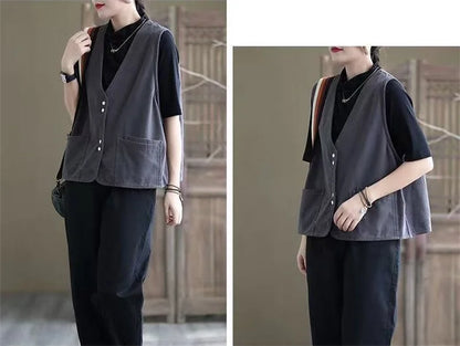 Korean Ladies Solid Color Casual Sleeveless Jacket Autumn Women V-neck Loose Waistcoat Coat Spring Female Fashion Vest Outwear