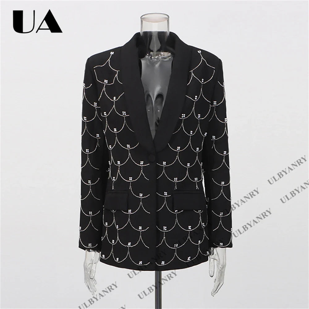 Women's Black Blazer with Silver Fish Scale Sequins, Slim Fit One Button Casual Business Jacket for Party Evening Prom