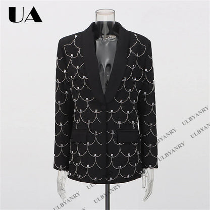 Women's Black Blazer with Silver Fish Scale Sequins, Slim Fit One Button Casual Business Jacket for Party Evening Prom