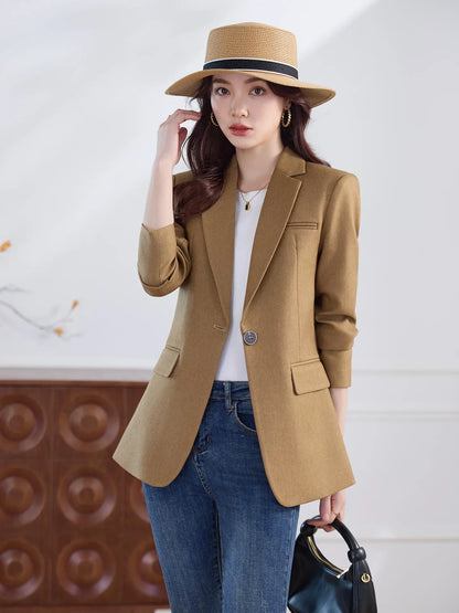 Elegant Solid Women's Blazer Long Sleeve Turn down Collar Slim Fit Office Jacket Single Button Spring Autumn Fashion