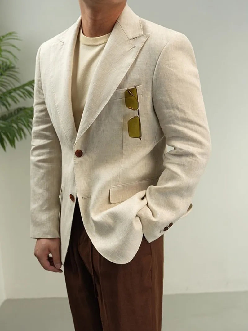 Men Retro Linen Suit Set Notched Collar Thin Business Casual Blazers Two Piece Set Lace Up Long Pant Full Length Trousers Outfit