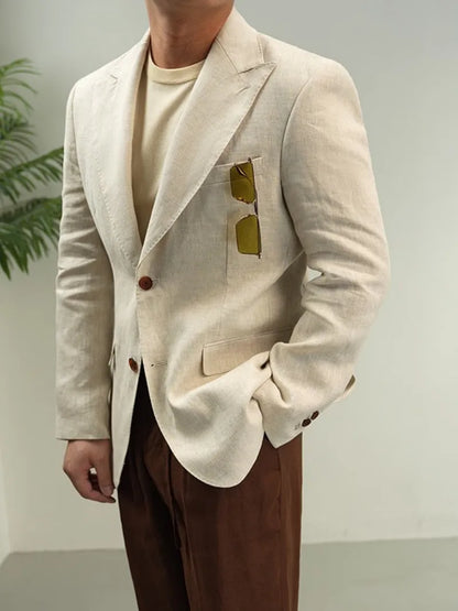 Men Retro Linen Suit Set Notched Collar Thin Business Casual Blazers Two Piece Set Lace Up Long Pant Full Length Trousers Outfit