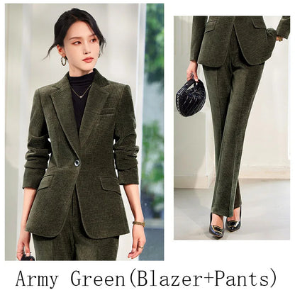2024 Autumn New Corduroy Elegant Pant Suit Ladies Formal Business Work Wear 2 Piece Set Green Wine Jacket Blazer And Trouser