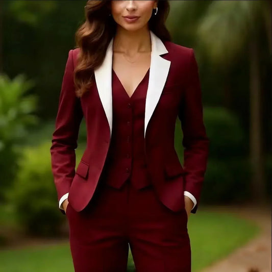 Burgundy Women 3 Piece Pant Suits Jacket Vest and Straight Pant Suit Formal Business Female Clothes Office Lady Blazer Set