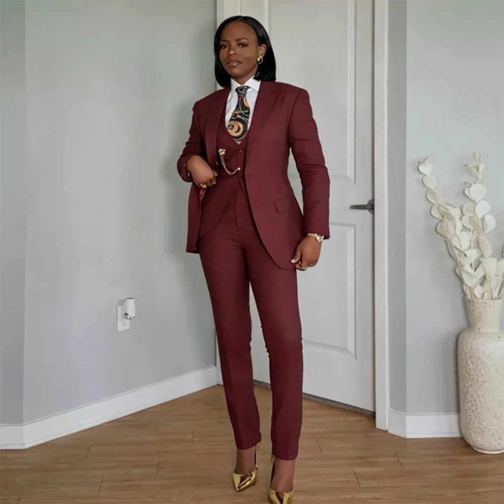 Powerful Women Burgundy 3‑Piece Suit Single Breasted Vest Blazer Pants Set Office Business Formal Sophisticated Outerwears