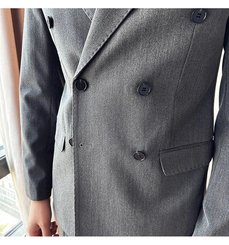 (Blazer + Trousers) Fashion Double Breasted Design Slim Men's Suit Italian Style Luxury Wedding Social Party Tuxedo 2 Piece Set