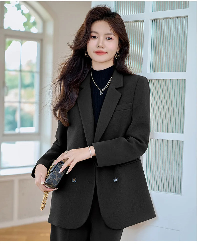 Autumn Winter 2024 New Apricot Coffee Black Elegant Double Breasted Blazer Top And Women High Waist Wide Leg Pant Two Piece Set