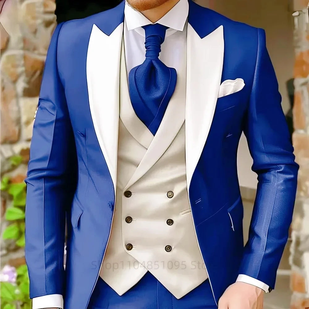 Costumes roses pour hommes Élégant smoking de marié à revers pointu Veste 3 pièces Gilet et pantalon Ensemble de costume formel pour hommes pour affaires et bal de promo