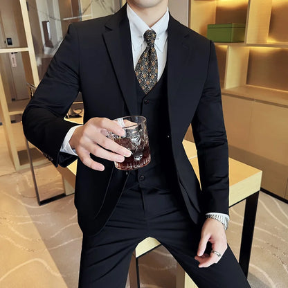 British Style Fake Two-piece Suit Set Men's Wedding Groom Dress 3 Piece Set Suit Vest Trousers Slim Office Business Casual Suits