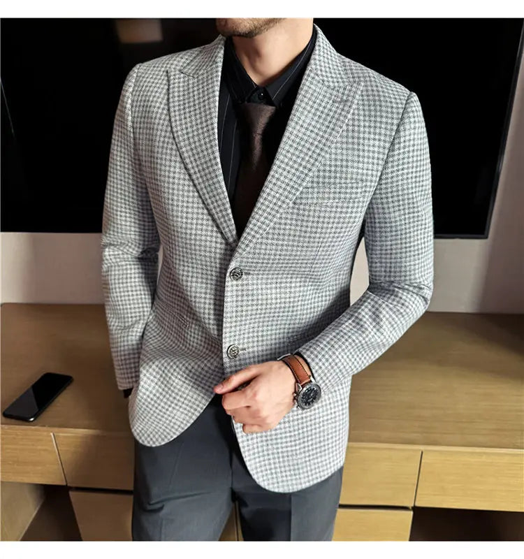 Men's Smart Casual Blazer – Vintage Coin Check Pattern – Brown & White Grey – Shopping & Office Wear
