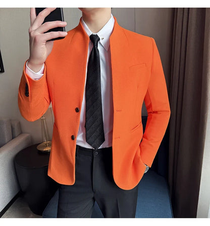 Waffle New Chinese Stand-Up Collar Suit Coats Men Slim Fit Business Casual Fashion Suits Jacket Formal Social Prom Party Tuxedos