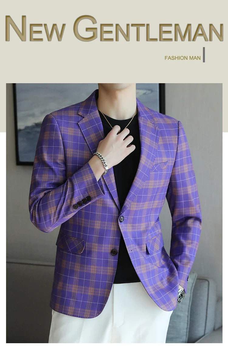 Checkered Suit Jacket for Men Single Breasted Casual Business Blazers Slim Fit Social Office Banquet Host Wedding Dress Jackets
