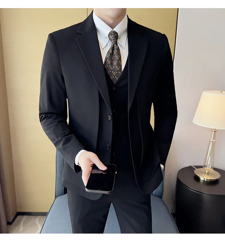 British Style Fake Two-piece Suit Set Men's Wedding Groom Dress 3 Piece Set Suit Vest Trousers Slim Office Business Casual Suits