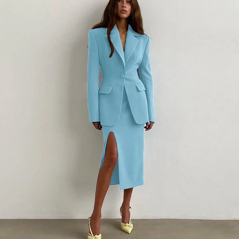 Professional Women's Single Button Notch Lapel Blazer Suit Side Slit Midi Skirt Set Elegant Party Office Fashion 2Piece Outfit