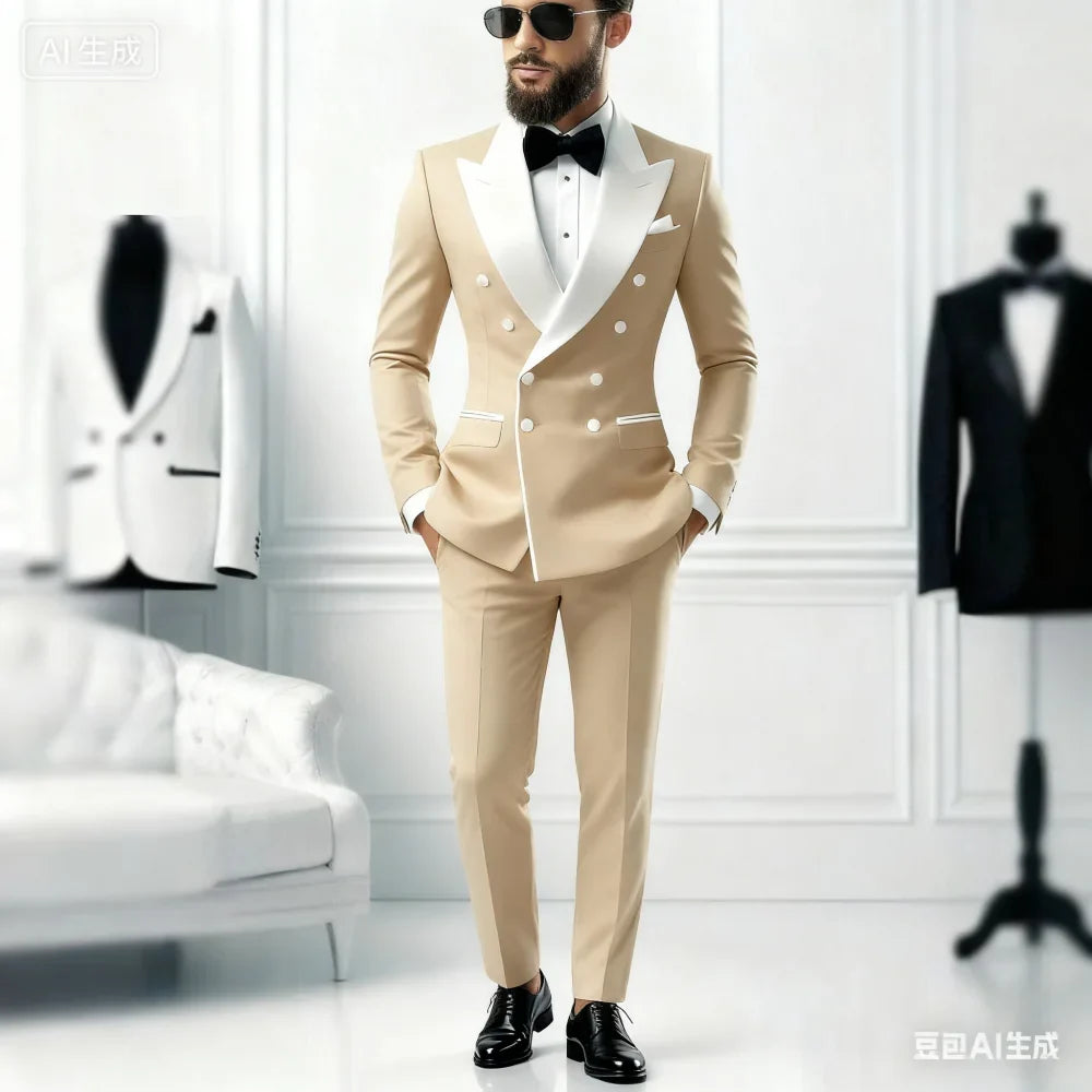 Ensemble décontracté 2 pièces pour homme avec blazer à revers blanc et pantalon noir Costume de mariage pour témoins pour cérémonie et fête