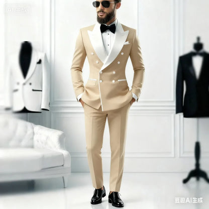 Ensemble décontracté 2 pièces pour homme avec blazer à revers blanc et pantalon noir Costume de mariage pour témoins pour cérémonie et fête
