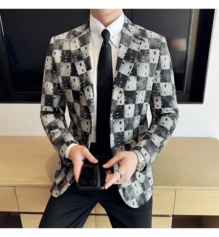 Korean Jacquard Denim Jacket for Men Autumn Winter Casual Business Men Blazers Slim Fit Wedding Social Dress Coat Men Clothing