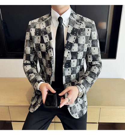 Korean Jacquard Denim Jacket for Men Autumn Winter Casual Business Men Blazers Slim Fit Wedding Social Dress Coat Men Clothing