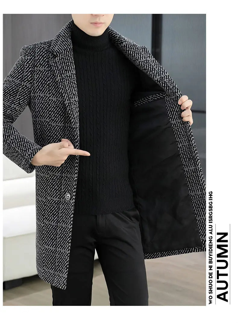High-quality winter men's fashionable and stylish woolen overcoat, suit collar, mid-length windbreaker, woolen coat