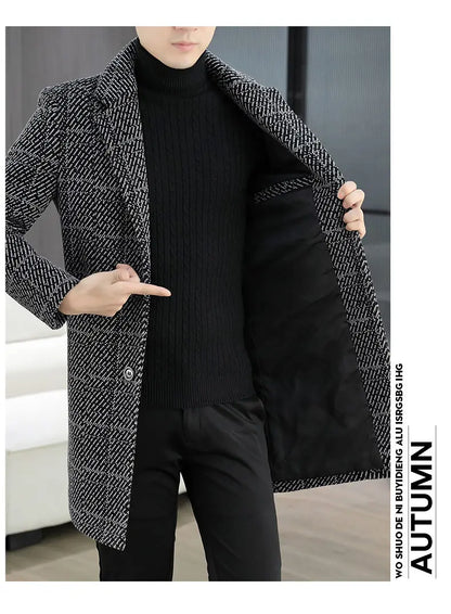 High-quality winter men's fashionable and stylish woolen overcoat, suit collar, mid-length windbreaker, woolen coat