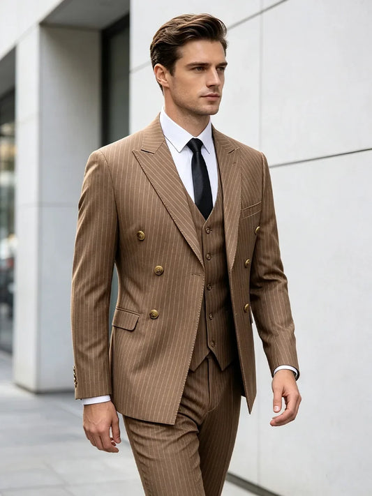 Plus Size Man Striped Double Breasted Suit Blazer Vest Pants Set Peak Lapel Formal Wedding Groom Tuxedo Business Party Suit Sets