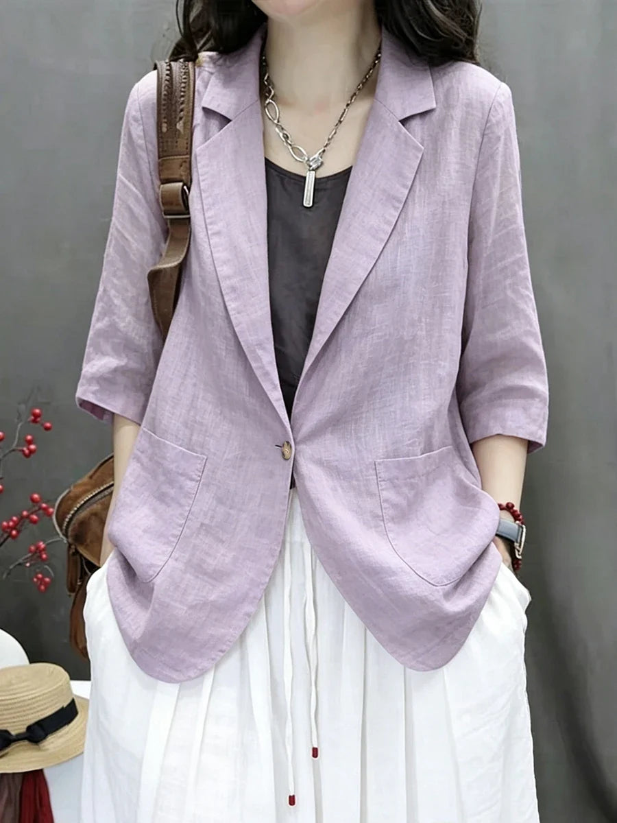 2026 New Summer Casual Cotton Linen Short Coat Women's Pure Color Suit Top Versatile Loose Fit Thin Material Seven Sleeve