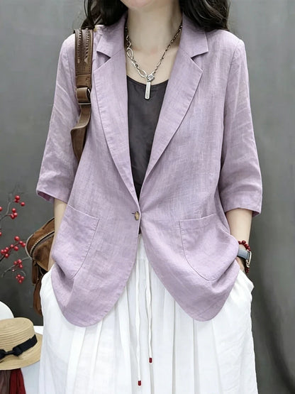2026 New Summer Casual Cotton Linen Short Coat Women's Pure Color Suit Top Versatile Loose Fit Thin Material Seven Sleeve