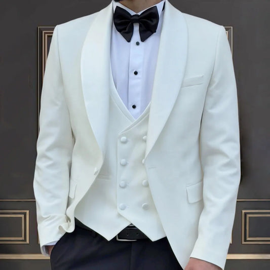 Men Suit White 3 Pieces With Bright Lapel For Wedding Groom Banquet Party Prom Business Work Office Jacket Vest Black Pants