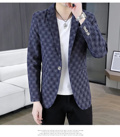 2026 Spring Autumn Men's Suit Jacket Korean Checkered Suit Jackets Slim Fit Fashion Casual Business Formal Blazers Costume Homme