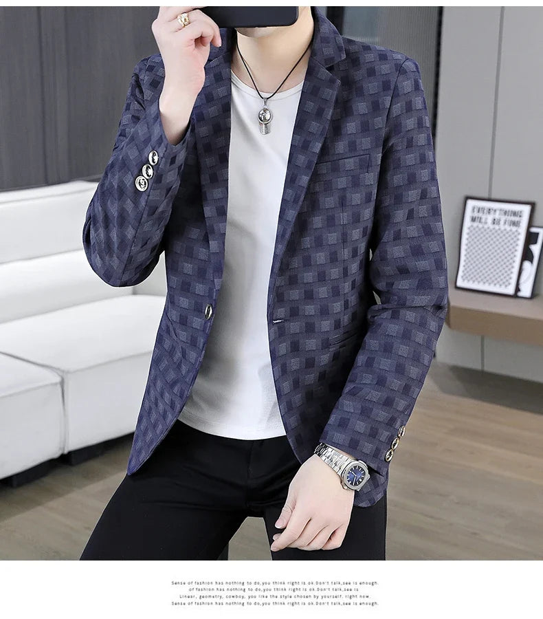 2026 Spring Autumn Men's Suit Jacket Korean Checkered Suit Jackets Slim Fit Fashion Casual Business Formal Blazers Costume Homme