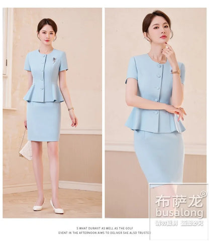 2025Summer Blue Short Sleeve Blazer Suit Professional Women's Skirt Set Short Skirt Elegant Fashion Formal Workwear