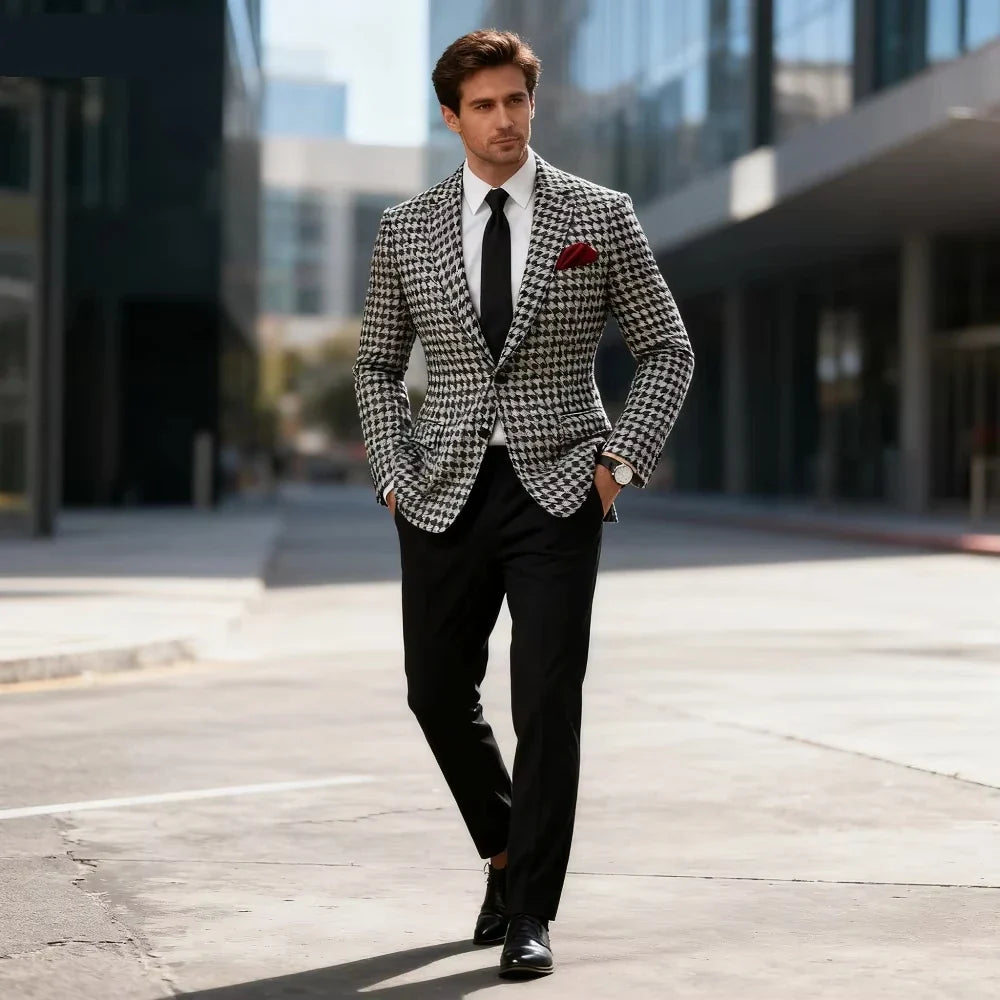 Men's Houndstooth Formal Suit Jacket Notch Lapel Blazer Two Buttons Wool Blend Coat for Party Prom Business Tuxedo One Piece